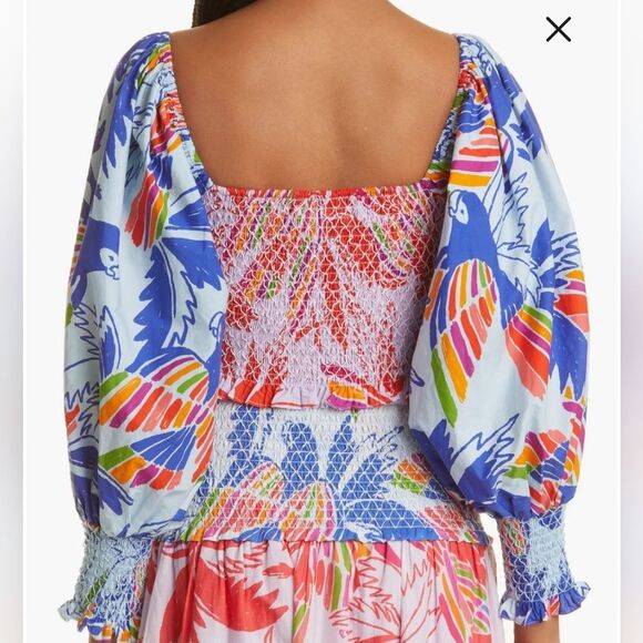 Farm Rio Mixed Birds Puff-Sleeve Smocked Crop Top NWT Size Medium - Picture 2 of 6